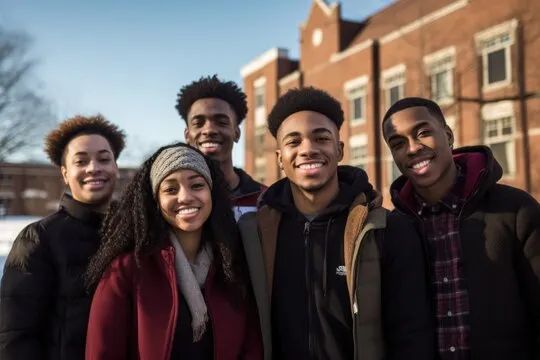 A group of young adult friends smiling together outdoors on a college campus